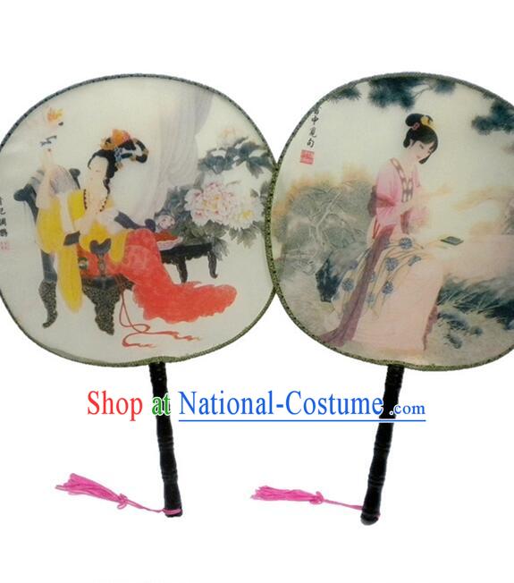 Ancient Chinese Tuan Shan Circular Fan Moon Shaped Fan Stage Property Dance Chinese Painting Ancient Beauty