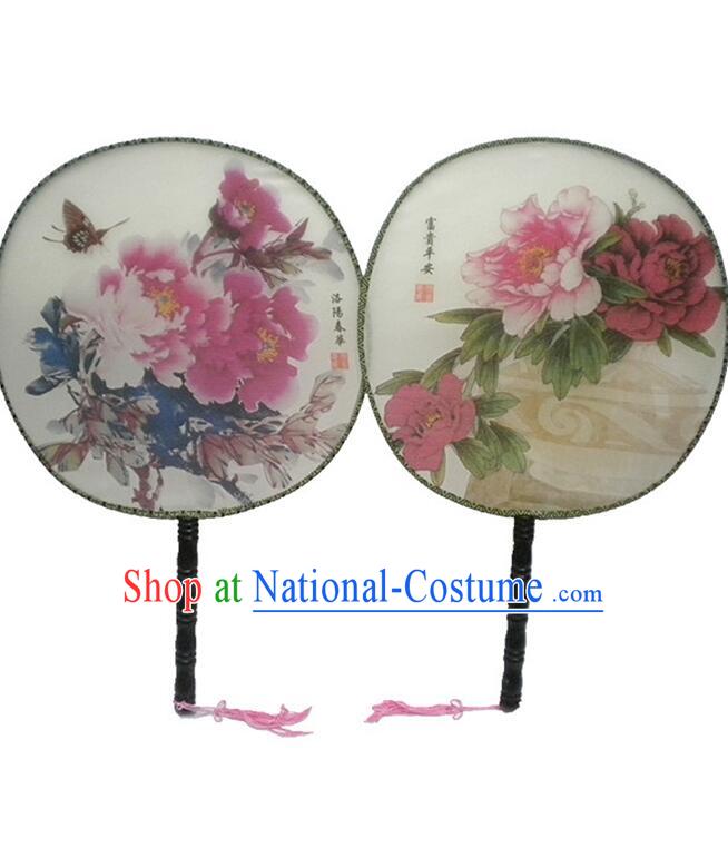 Ancient Chinese Tuan Shan Circular Fan Moon Shaped Fan Stage Property Dance Chinese Painting Flowers