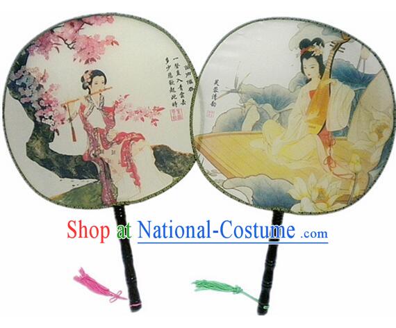 Ancient Chinese Tuan Shan Circular Fan Moon Shaped Fan Stage Property Dance Chinese Painting Ancient Beauty