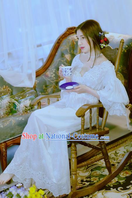 Traditional Classic Women Clothing, Traditional Classic White Silk Pajamas Heavy Lace Embroidery Evening Dress Restoring Garment Skirt Braces Skirt, Long Skirt