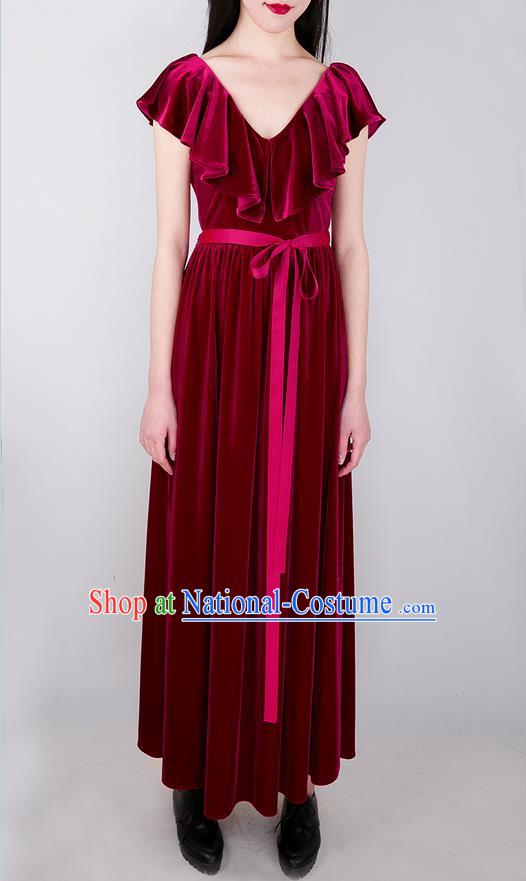 Traditional Classic Women Clothing, Traditional Goose Down Even Garment Skirt Falbala Velvet Long Red Dress for Women