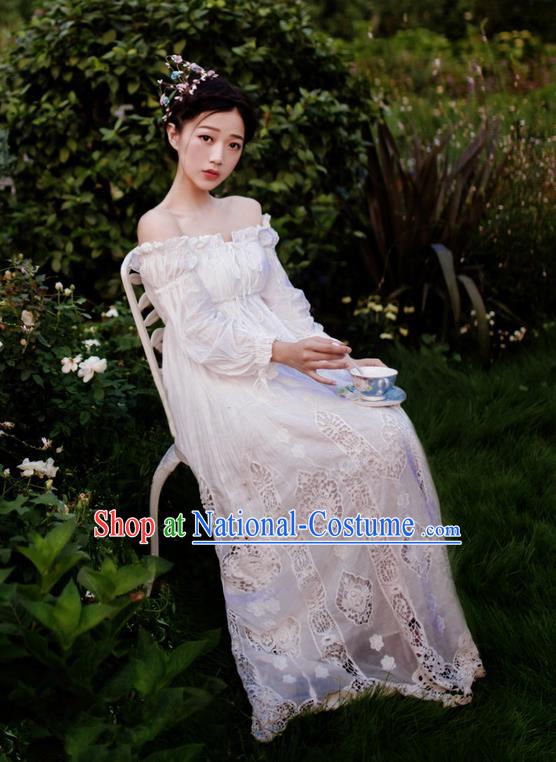 Traditional Classic Women Clothing, Traditional Classic White Cotton Pajamas Heavy Lace Embroidery Evening Dress Restoring Garment Skirt Braces Skirt