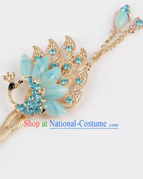 Korean Traditional Style Hairpins Bride Head Wear Up Do Tassels Bu Yao Peacock Spreading Tail Feathers Hair Clasp Blue