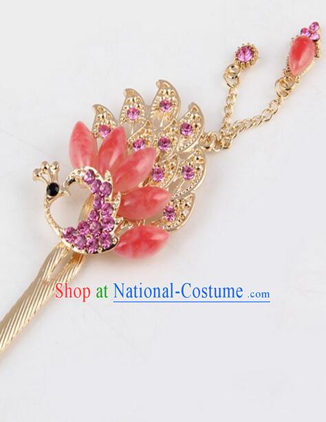 Korean Traditional Style Hairpins Bride Head Wear Up Do Tassels Bu Yao Peacock Spreading Tail Feathers Hair Clasp Red