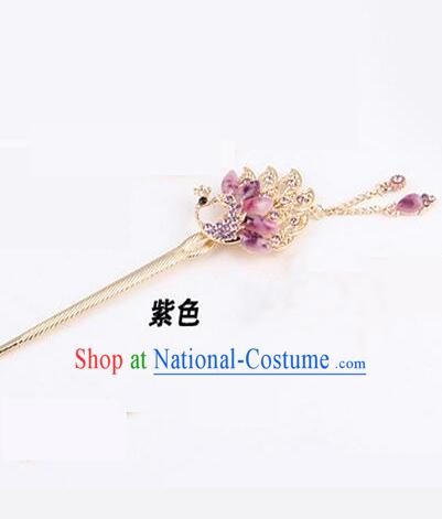 Korean Traditional Style Hairpins Bride Head Wear Up Do Tassels Bu Yao Peacock Spreading Tail Feathers Hair Clasp Purple