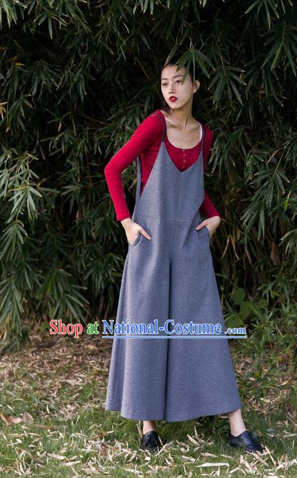 Traditional Classic Women Costumes, Traditional Classic Gray Leisure More Concise Design Leather Cashmere Jumpsuits Wide-Legged Pants