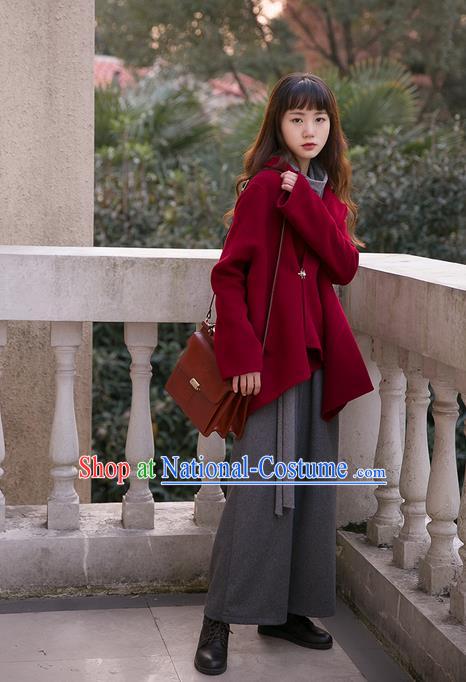 Traditional Classic Women Clothing, Traditional Classic Red Pure Woolen Tweed Jacket Wool Coats