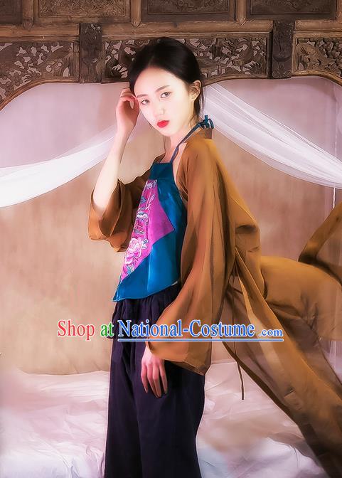 Traditional Classic Women Costumes, Traditional Classic Brown Silk Gauze Chinese Hanfu Cardigan Long Shawl