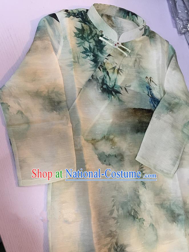 Traditional Classic Women Costumes, Traditional Classic Silk Linen Chinese Ink Painting Style Jade Buckle Cheongsam, Traditinal China Qipao