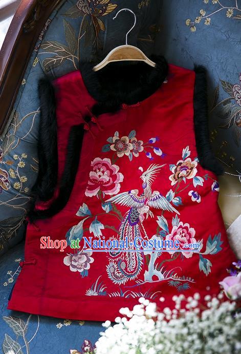 Traditional Classic Women Clothing, Traditional Classic Chinese Silk Red Satin Embroidered Rabbit Fur Vest China Vests