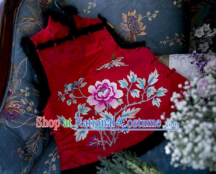 Traditional Classic Women Clothing, Traditional Classic Chinese Silk Red Satin Embroidered Rabbit Fur Vest China Vests