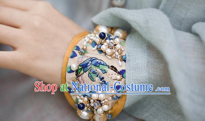 Traditional Classic Women Accessories, Traditional Classic Chinese Embroidery Bracelets, Hand Wrist Accessories, Silver Pearl Bracelet for Women