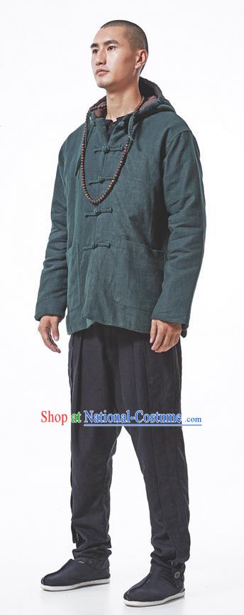 Chinese Hooded Cotton Linen Double-Breasted Tang Suit Plate Buttons Costumes, Chinese Style Ancient Thick Cotton-Padded Jacket Hanfu Male Winter Coat