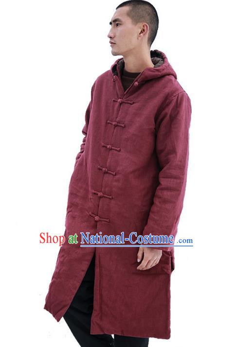 Chinese Hooded Cotton Linen Double-Breasted Tang Suit Plate Buttons Costumes, Chinese Style Ancient Thick Cotton Wadded Robe Hanfu Male Winter Long Coat