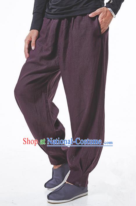 Traditional Chinese Linen Tang Suit Trousers, Chinese Ancient Costumes Elastic Practise Leg Pants Lay Pants Zen Pants