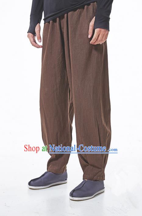 Traditional Chinese Linen Tang Suit Trousers, Chinese Ancient Costumes Elastic Practise Leg Pants Lay Pants Zen Pants