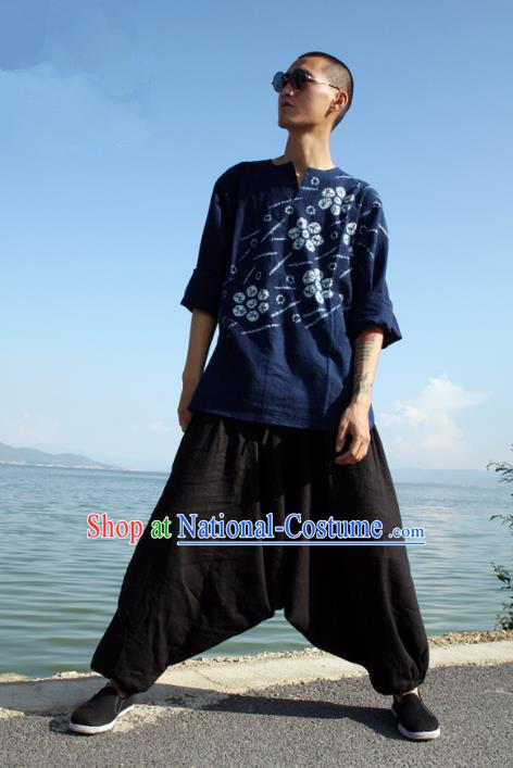 Traditional Chinese Linen Tang Suit Trousers, Chinese Ancient Costumes, Flax Nepal Big Fork Kuadang Pants Crotch Trousers Yoga Pants