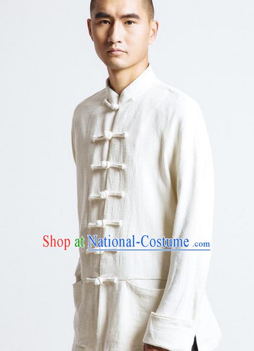 Traditional Chinese Long-Sleeved Linen Tangzhuang Overcoat, Flax Tang Suit Coat for Men