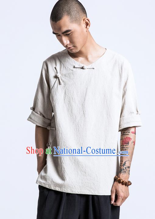 Traditional Chinese Men Short Sleeve T-Shirt, Flax Tang Suit Slant Opening Plate Buttons T-Shirt for Men