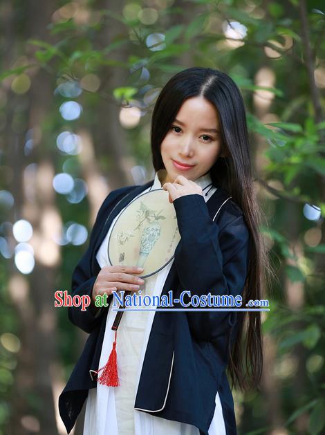 Traditional Classic Women Clothing, Traditional Classic Chinese Flax Purplish Blue Coat, Hanfu Overcoat for Women