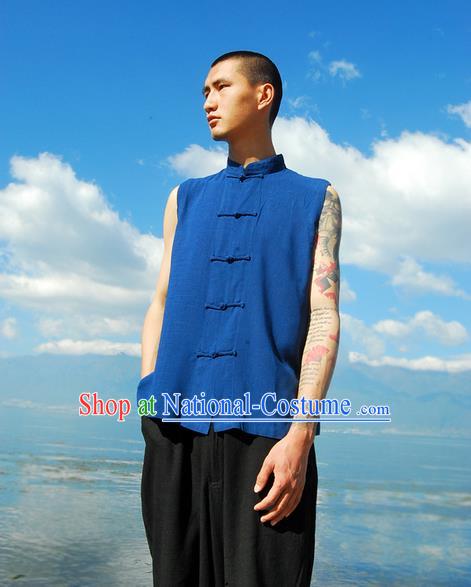 Traditional Chinese Linen Tang Suit Men Plate Buttons Vest, Chinese Ancient Costumes Linen Vests for Men