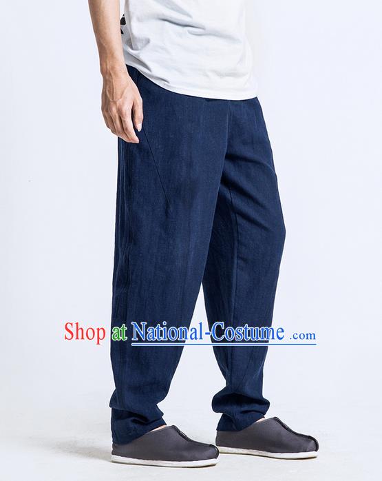 Traditional Chinese Linen Tang Suit Men Trousers, Chinese Ancient Costumes Cotton Pants, Nepal Flax Feet Low Crotch Large Crotch Pants for Men