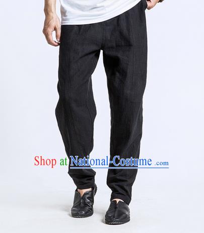 Traditional Chinese Linen Tang Suit Men Trousers, Chinese Ancient Costumes Cotton Pants, Nepal Flax Feet Low Crotch Large Crotch Pants for Men