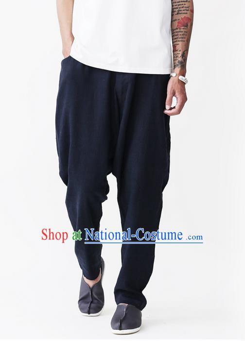 Traditional Chinese Linen Tang Suit Men Trousers, Chinese Ancient Costumes Cotton Pants, Nepal Flax Feet Low Crotch Large Crotch Pants for Men