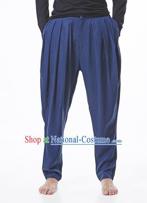 Traditional Chinese Linen Tang Suit Men Trousers, Chinese Ancient Costumes Cotton Pants, Silk Cotton Feet Ruffle Pants for Men