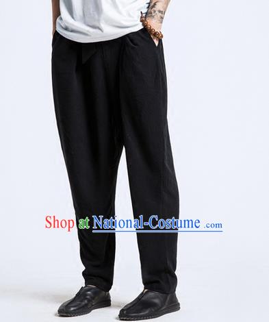 Traditional Chinese Linen Tang Suit Men Trousers, Chinese Ancient Costumes Cotton Pants, Silk Cotton Feet Ruffle Pants for Men