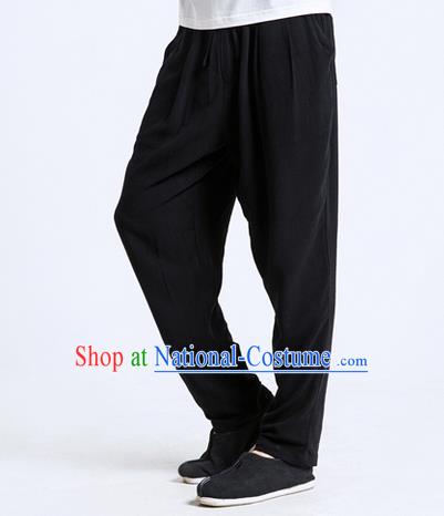 Traditional Chinese Linen Tang Suit Men Trousers, Chinese Ancient Costumes Cotton Pants, Silk Cotton Feet Ruffle Pants for Men