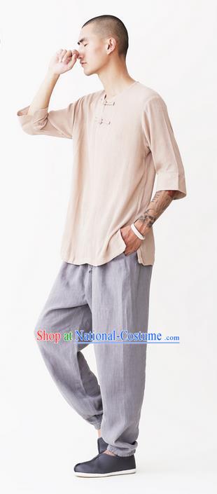 Traditional Chinese Linen Tang Suit Men Costumes, Chinese Ancient Round Neck Silk Floss Short Sleeved T-Shirt Plate Buttons Costume for Men