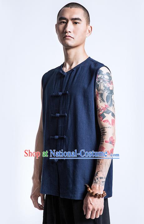 Traditional Chinese Linen Tang Suit Men Costumes Vest, Chinese Ancient Tangsuit Hanfu Plate Buttons Sleeveless Vests for Men