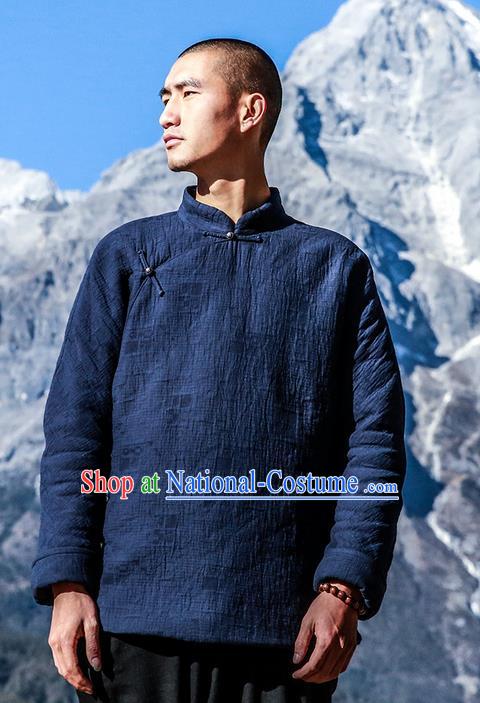 Traditional Chinese Linen Tang Suit Men Costumes, Chinese Ancient Thicken Cotton-Padded Jacket, Slant Opening Brass Buttons Cotton Wadded Robe for Men