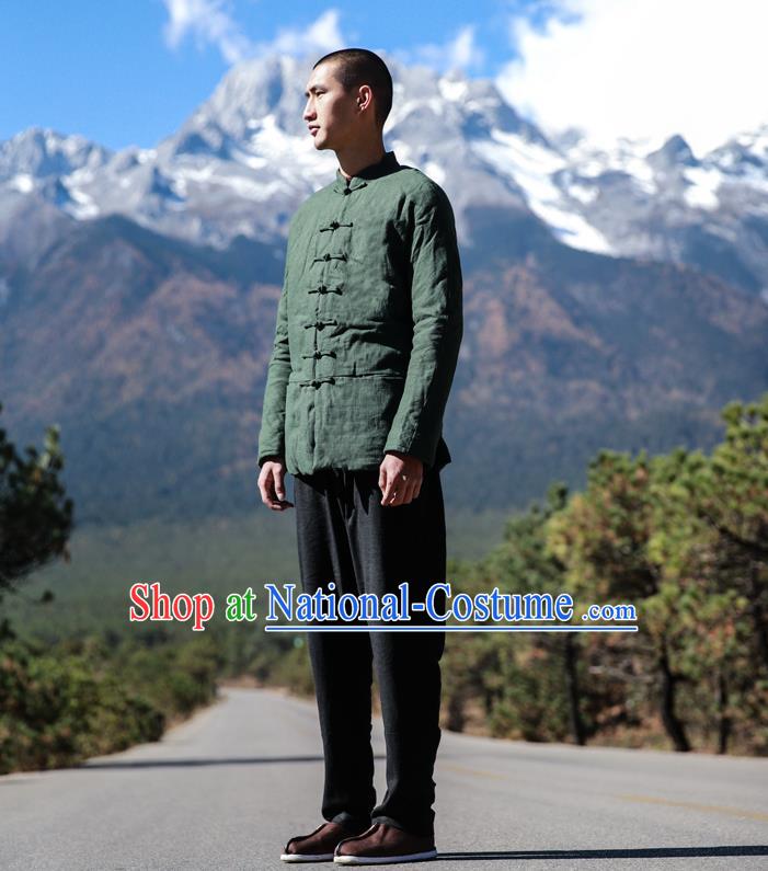 Traditional Chinese Linen Tang Suit Men Costumes, Chinese Ancient Thicken Cotton-Padded Jacket, Front Opening Brass Buttons Cotton Wadded Robe for Men