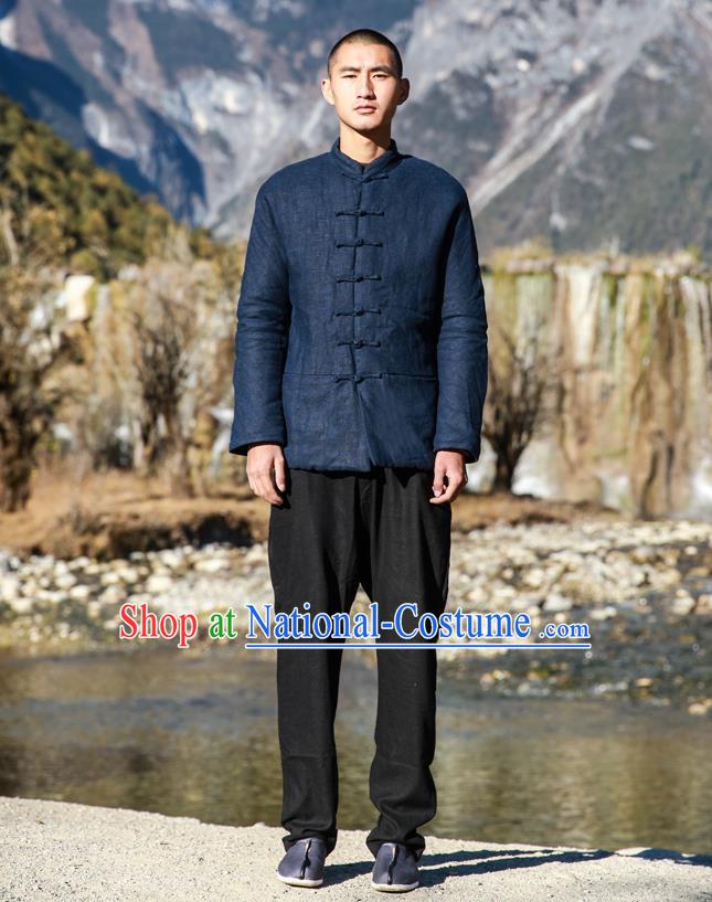 Traditional Chinese Linen Tang Suit Men Costumes, Chinese Ancient Thicken Cotton-Padded Jacket, Front Opening Brass Buttons Cotton Wadded Robe for Men