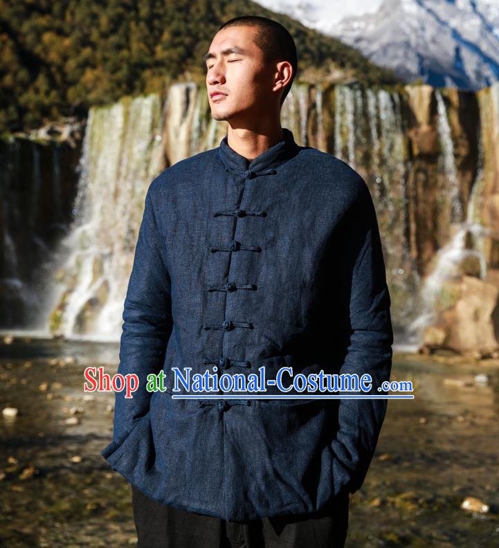 Chinese Hooded Cotton Linen Double-Breasted Tang Suit Plate Buttons Chinese Style Restoring Ancient Thick Cotton-Padded Jacket Hanfu Male Winter Coat