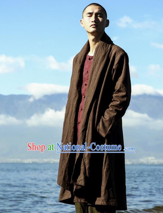 Traditional Chinese Linen Tang Suit Men Costumes Dust Coat, Chinese Ancient Linen Double Collar Men Hanfu, Linen Long Coat for Men