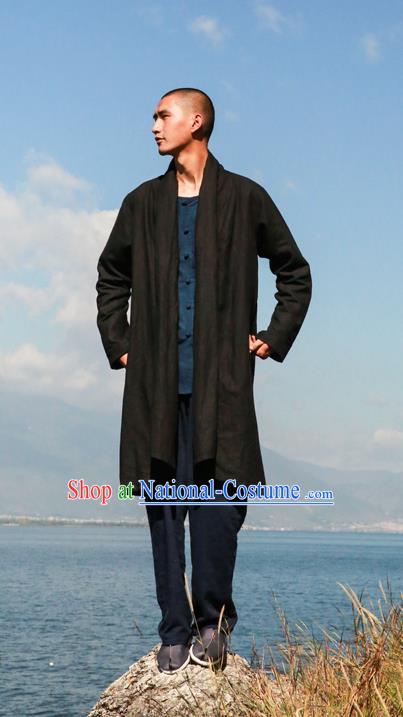 Traditional Chinese Linen Tang Suit Men Costumes Dust Coat, Chinese Ancient Linen Double Collar Men Hanfu, Linen Long Coat for Men