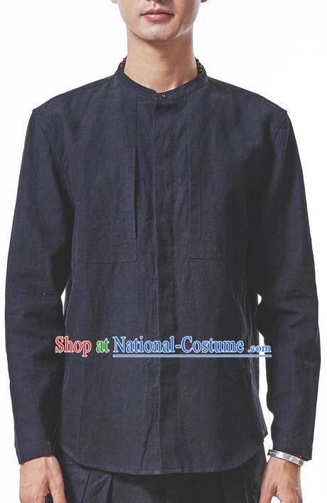 Traditional Chinese Linen Tang Suit Men Costumes Blouse, Chinese Ancient Tunic Suit Long Sleeved Shirt for Men