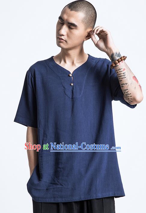 Traditional Chinese Linen Tang Suit Men Costumes, Chinese Ancient Silk Floss Short Sleeved T-Shirt Coconut Buttons Costume for Men