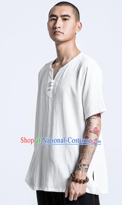 Traditional Chinese Linen Tang Suit Men Costumes, Chinese Ancient Silk Floss Short Sleeved T-Shirt Costume for Men