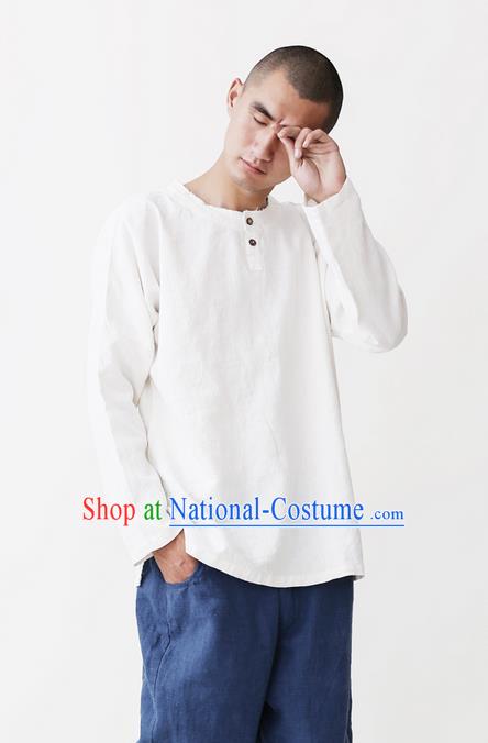 Traditional Chinese Linen Tang Suit Men Costumes Blouse, Chinese Ancient Tunic Suit Long Sleeved Shirt for Men