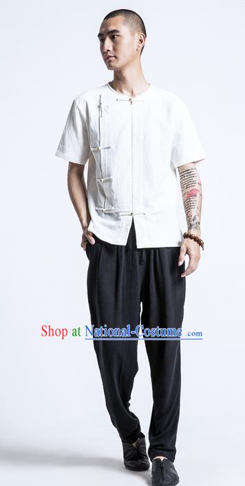 Traditional Chinese Linen Tang Suit Men Costumes, Chinese Ancient Slant Opening Brass Buttons Short Sleeved T-Shirt Costume for Men