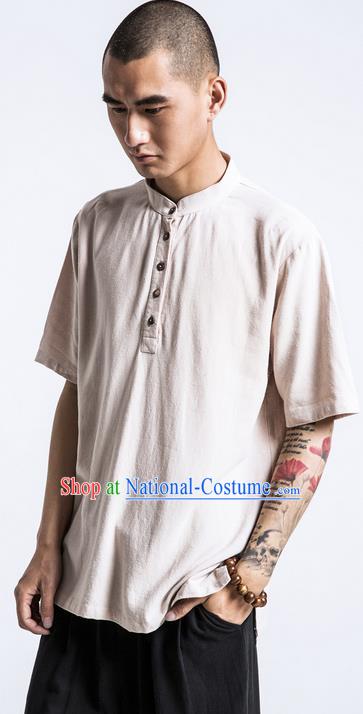 Traditional Chinese Linen Tang Suit Men Costumes, Chinese Ancient Coconut Buttons Short Sleeved T-Shirt Costume for Men