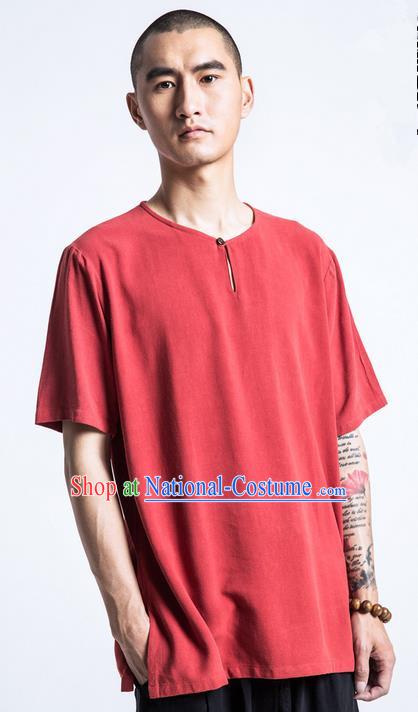 Traditional Chinese Linen Tang Suit Men Costumes, Chinese Ancient Coconut Buttons Short Sleeved T-Shirt Costume for Men