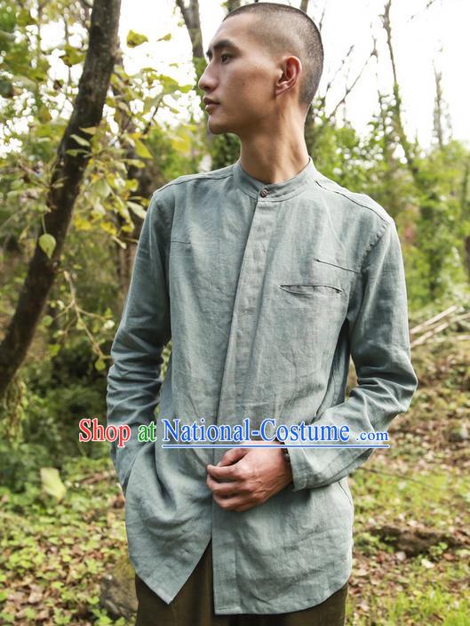 Traditional Chinese Linen Tang Suit Men Costumes Blouse, Chinese Ancient Tunic Suit Long Sleeved Shirt for Men