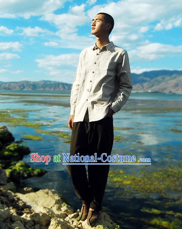 Traditional Chinese Linen Tang Suit Men Costumes Blouse, Chinese Ancient Tunic Suit Twist buttons Long Sleeved Shirt for Men