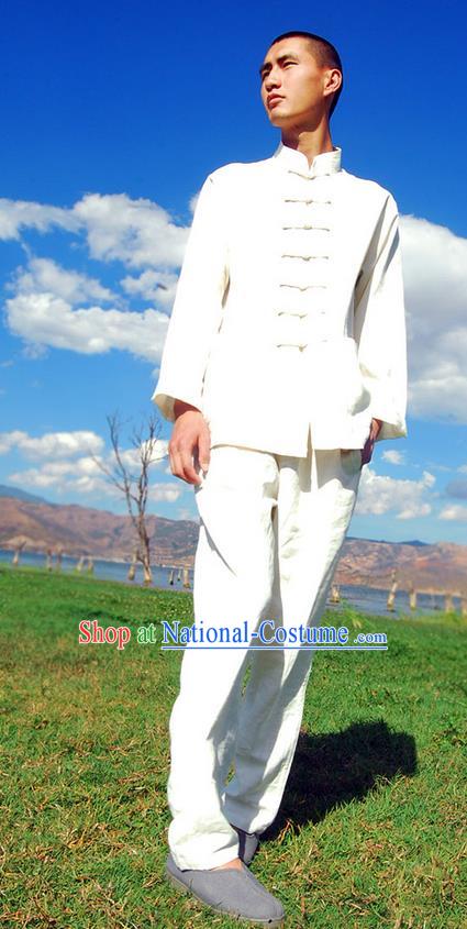 Traditional Chinese Linen Tang Suit Men Costumes, Hanfu Men Suits, Chinese Ancient Front Opening Brass Buttons Long Sleeved Shirt and Pants Costume for Men