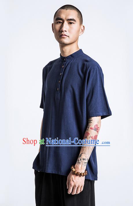 Traditional Chinese Linen Tang Suit Men Costumes, Chinese Ancient Coconut Buttons Short Sleeved T-Shirt Costume for Men